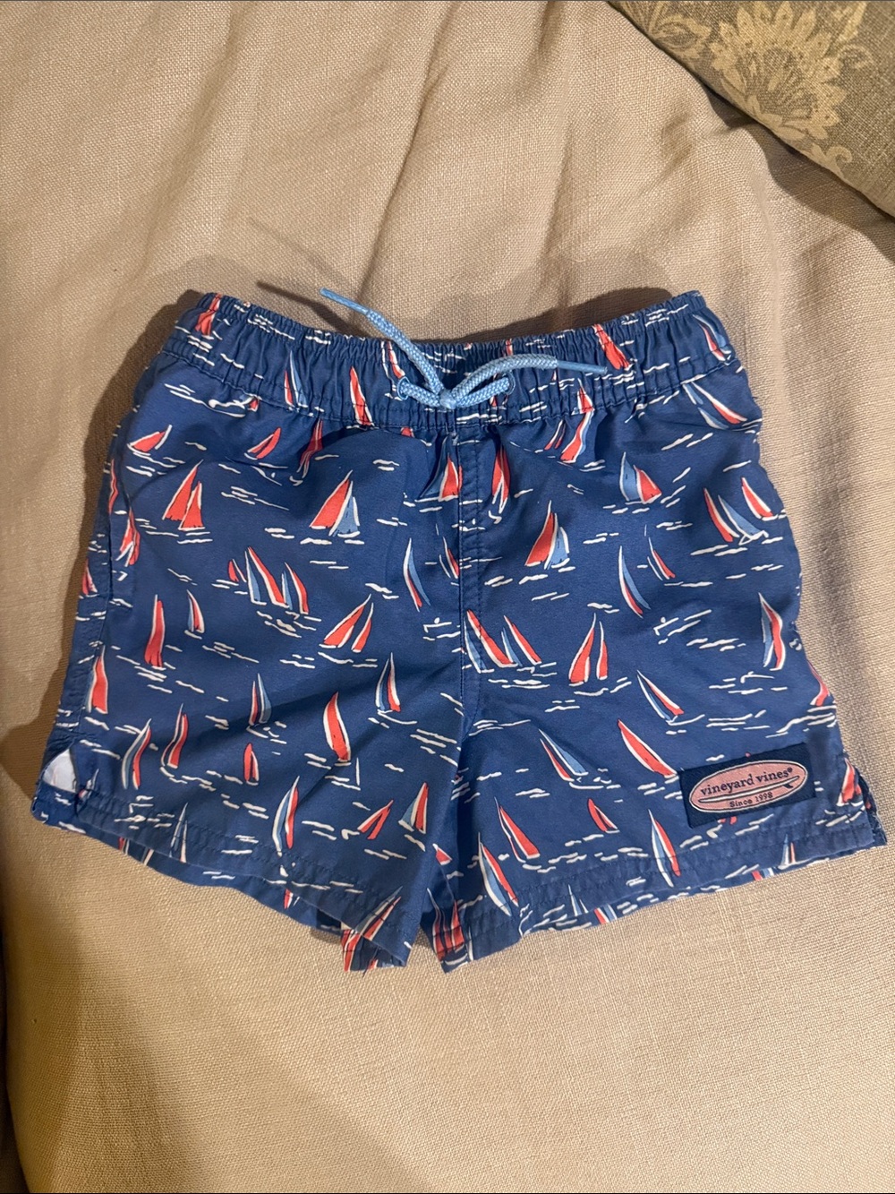 Vineyard Vines Navy Swim Shorts with Red & White Sailboats